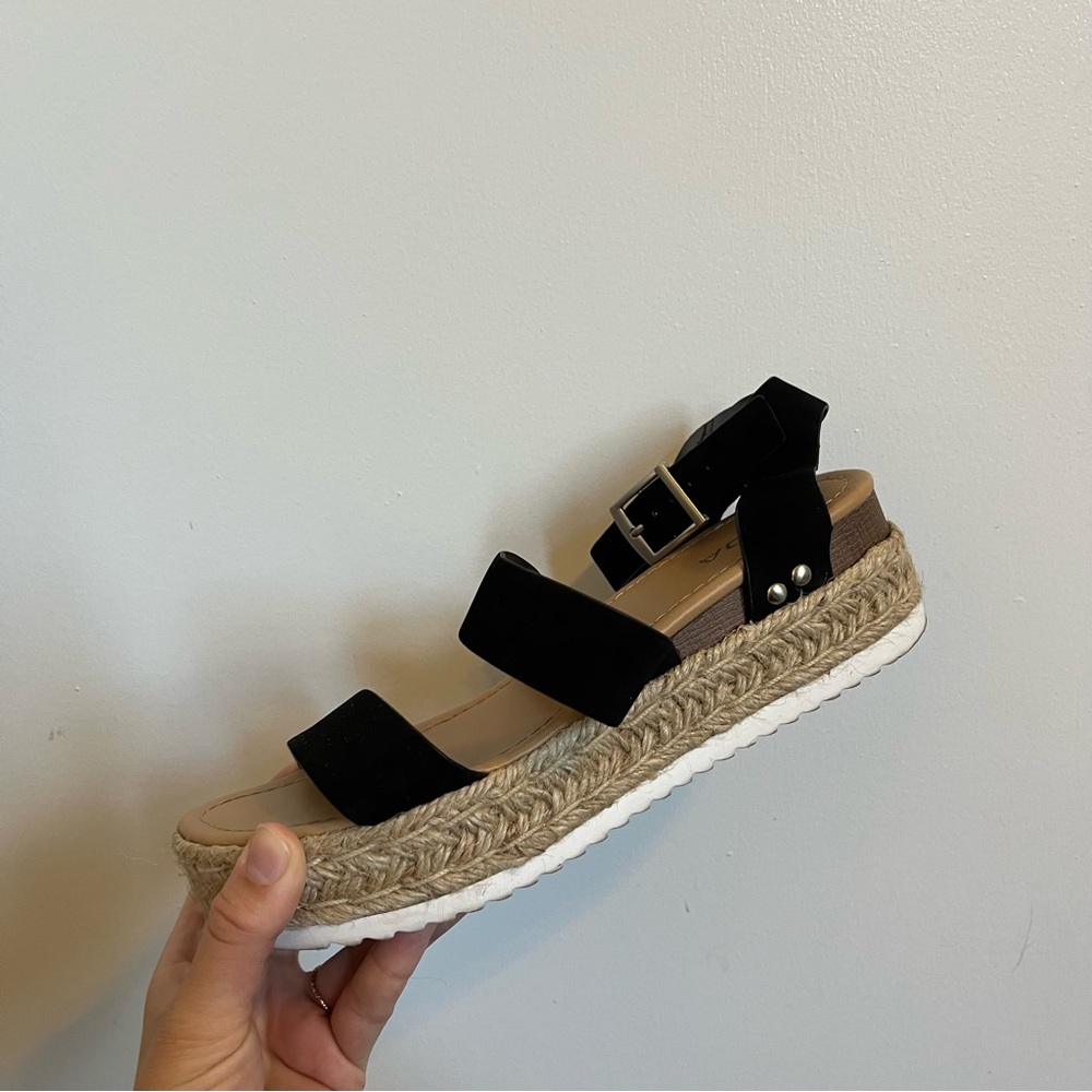 Soda black tan espadrille platform sandal women’s size 9 strappy ankle buckle